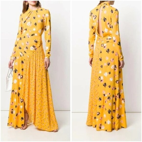 Self-Portrait Floral Print Twist Neck Long Sleeve Maxi Dress In Yellow $485